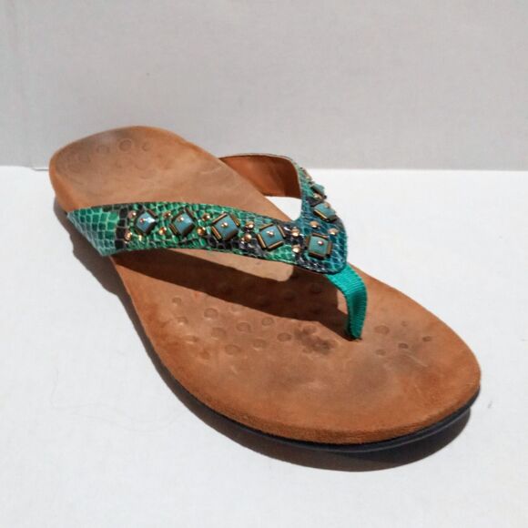 Vionic Shoes - Vionic Floriana Thong Sandal-Size 8W-Faux Snakeskin-Beaded-Arch Support-Comfort